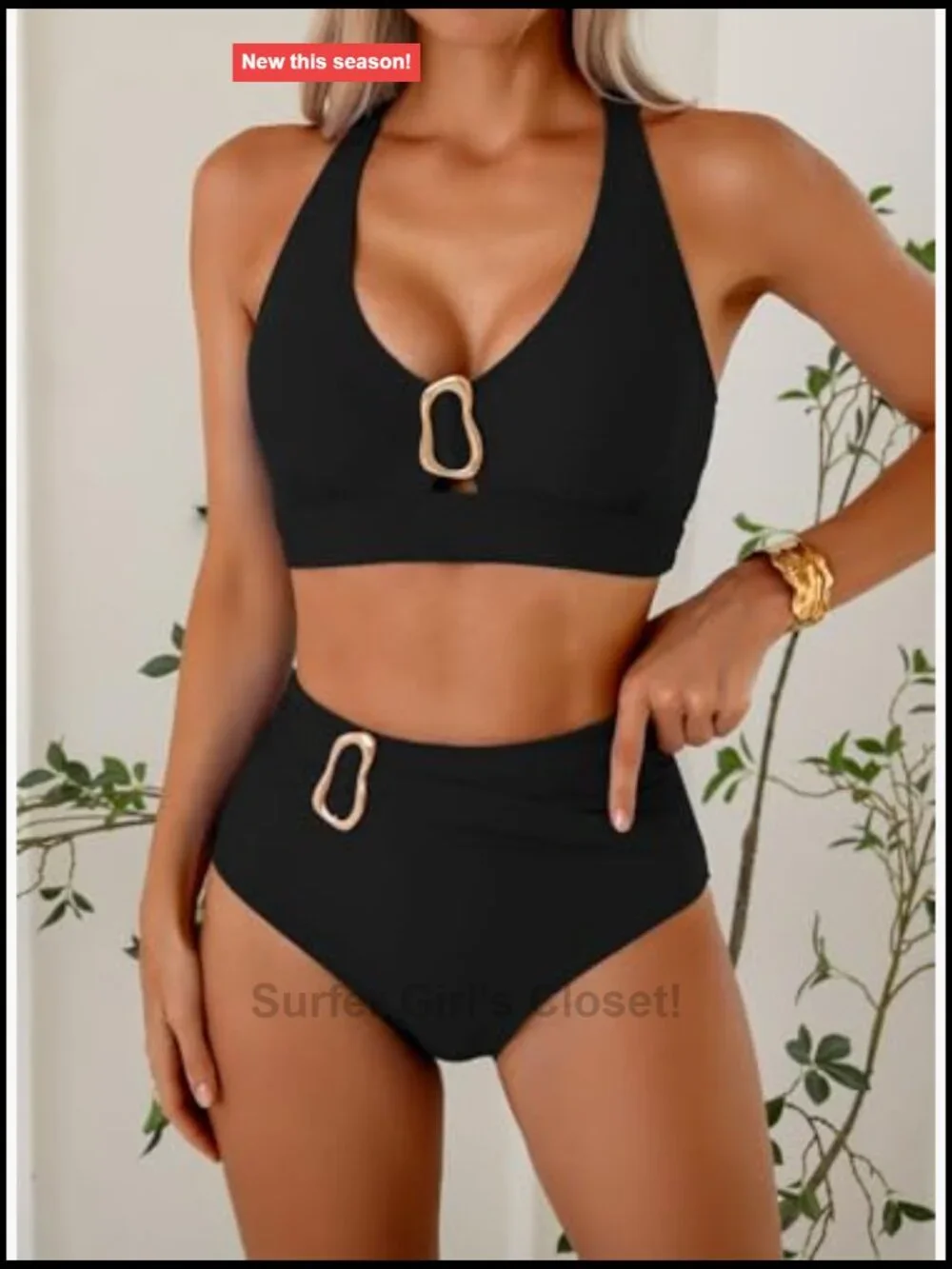 High Waisted Bikini Sets Crisscross Back V Neck Metal Ring Summer Bathing Suit